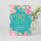 Floral 90th Birthday Gold Glitter en Blauwgroen Kaart (Staand voorkant)