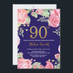 Floral 90th Birthday Gold Glitter Navy Blue Kaart<br><div class="desc">Floral 90th Birthday Invitation for Women. Waterverf botanische bloem. Gold Glitter. Navy Blue Background Roze pinda's Floral Flowers. Volwassen verjaardag. Voor verdere aanpassing,  te klikken gelieve de knoop "van de Aanpassing het"en ons ontwerphulpmiddel te gebruiken om deze sjabloon te wijzigen.</div>