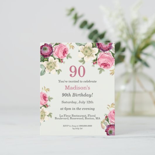 Floral 90th Birthday Invitation (Staand voorkant)