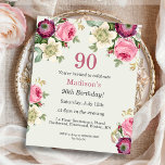 Floral 90th Birthday Invitation<br><div class="desc">betaalbaar papier,  90e verjaardagsuitnodigingen met  waterverf roze en magenta bloemen op een pastel salie groene achtergrond.</div>