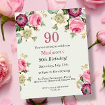 Floral 90th Birthday Invitation<br><div class="desc">betaalbaar papier,  90e verjaardagsuitnodigingen met  waterverf roze en magenta bloemen op een pastel salie groene achtergrond.</div>