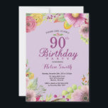 Floral 90th Birthday Invitation for Women Paars Kaart<br><div class="desc">Floral 90th Birthday Invitation for Women. Waterverf Floral,  Paarse achtergrond. Voor verdere aanpassing,  te klikken gelieve de knoop "van de Aanpassing het"en ons ontwerphulpmiddel te gebruiken om deze sjabloon te wijzigen.</div>