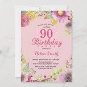 Floral 90th Birthday Invitation for Women Pink Kaart (Voorkant)