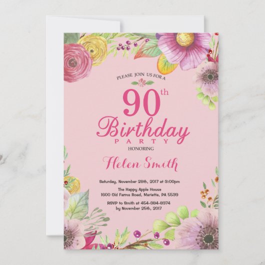 Floral 90th Birthday Invitation for Women Pink Kaart (Voorkant)