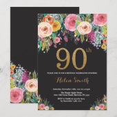 Floral 90th Birthday Invitation Gold Glitter Kaart (Voorkant / Achterkant)