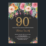 Floral 90th Birthday Invitation Gold Glitter Kaart<br><div class="desc">Floral 90th Birthday Invitation for Women. Waterverf Floral Flower. Zwart en goudglitter. Roze,  geel,  Oranje,  Paars ventilator. Volwassen verjaardag. Voor verdere aanpassing,  te klikken gelieve de knoop "van de Aanpassing het"en ons ontwerphulpmiddel te gebruiken om deze sjabloon te wijzigen.</div>