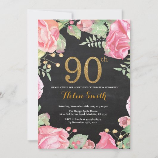 Floral 90th Birthday Invitation Gold Glitter Kaart (Voorkant)