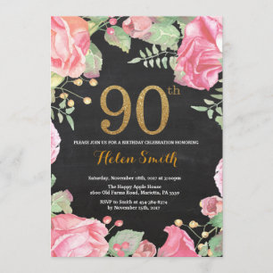 Floral 90th Birthday Invitation Gold Glitter Kaart