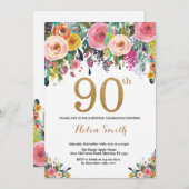 Floral 90th Birthday Invitation Gold Glitter Kaart (Voorkant / Achterkant)