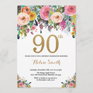 Floral 90th Birthday Invitation Gold Glitter Kaart