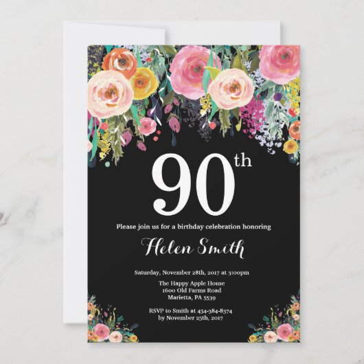 Floral 90th Birthday Invitation Kaart (Voorkant)