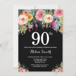 Floral 90th Birthday Invitation Kaart<br><div class="desc">Floral 90th Birthday Invitation for Women. Waterverf Floral Flower. Achtergrond zwart karton. Roze,  geel,  Oranje,  Paars ventilator. Volwassen verjaardag. Voor verdere aanpassing,  te klikken gelieve de knoop "van de Aanpassing het"en ons ontwerphulpmiddel te gebruiken om deze sjabloon te wijzigen.</div>