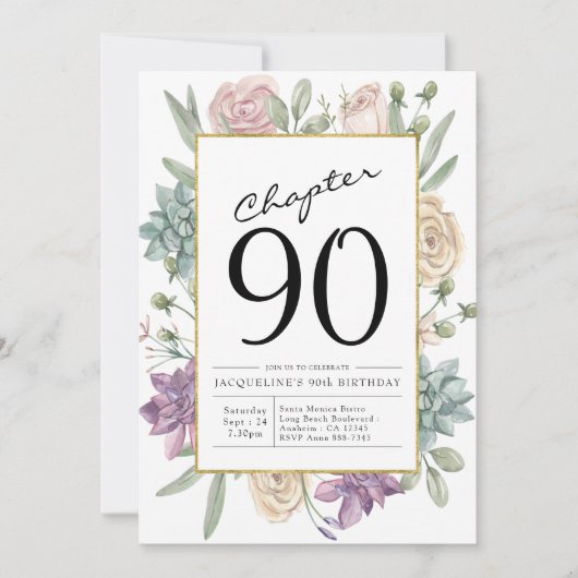 Floral 90th Birthday Invitation Kaart (Voorkant)