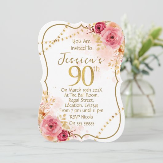 Floral 90th Birthday Invitation Kaart (Staand voorkant)