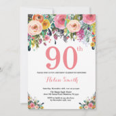 Floral 90th Birthday Invitation Pink Kaart (Voorkant)