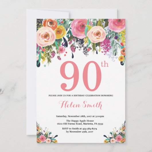 Floral 90th Birthday Invitation Pink Kaart (Voorkant)