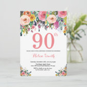 Floral 90th Birthday Invitation Pink Kaart (Staand voorkant)