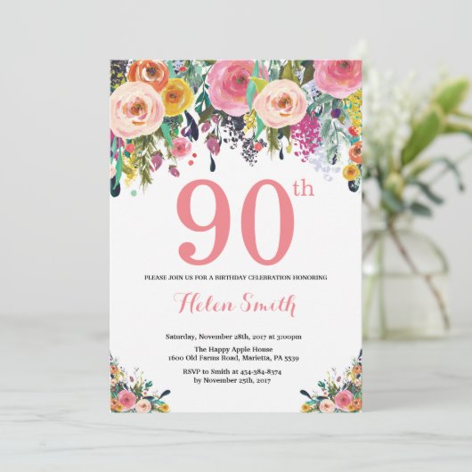 Floral 90th Birthday Invitation Pink Kaart (Staand voorkant)