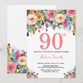 Floral 90th Birthday Invitation Pink Kaart (Voorkant / Achterkant)