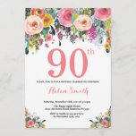 Floral 90th Birthday Invitation Pink Kaart<br><div class="desc">Floral 90th Birthday Invitation for Women. Waterverf bloem. Roze, geel, Oranje, Paars ventilator. Volwassen verjaardag. 30e 40e 50e 60e 70e 90e 100e 13e 15e 16e 18e 20e 21e elke leeftijd. Voor verdere aanpassing, te klikken gelieve de knoop "van de Aanpassing het"en ons ontwerphulpmiddel te gebruiken om deze sjabloon te wijzigen....</div>