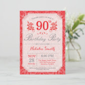 Floral 90th Birthday Invitation Red for Women Kaart (Staand voorkant)