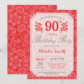 Floral 90th Birthday Invitation Red for Women Kaart (Voorkant / Achterkant)
