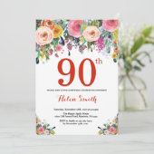 Floral 90th Birthday Invitation Red Kaart (Staand voorkant)