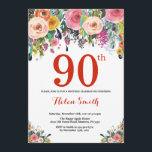 Floral 90th Birthday Invitation Red Kaart<br><div class="desc">Floral 90th Birthday Invitation for Women. Waterverf bloem. Rood, roze, geel, Oranje, Paars ventilator. Volwassen verjaardag. 30e 40e 50e 60e 70e 90e 100e 13e 15e 16e 18e 20e 21e elke leeftijd. Voor verdere aanpassing, te klikken gelieve de knoop "van de Aanpassing het"en ons ontwerphulpmiddel te gebruiken om deze sjabloon te...</div>