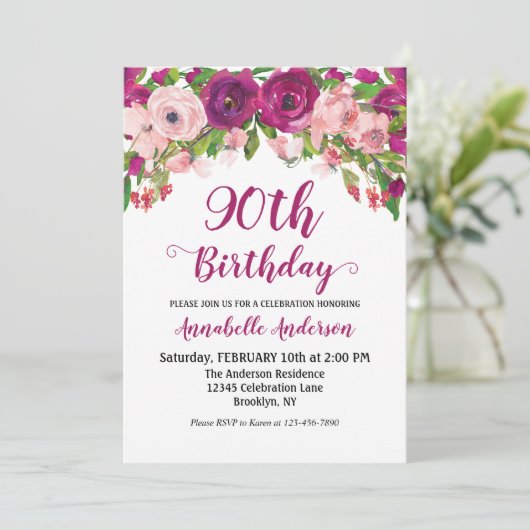 Floral 90th Birthday Paars Pink Waterverf Chic Kaart (Staand voorkant)