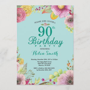 Floral 90th Birthday Uitnodiging voor vrouwen Blau