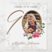 Floral 90th Birthday White Gold Custom Photo Wijn Etiket (Enkel label)