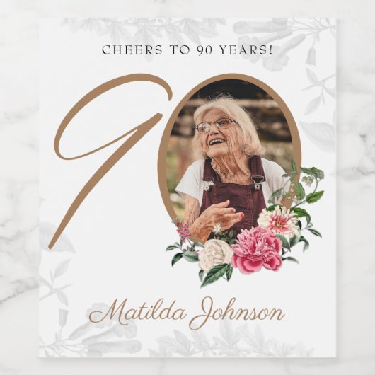 Floral 90th Birthday White Gold Custom Photo Wijn Etiket (Enkel label)