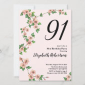Floral 91st Birthday Invitation in Blush Pink Kaart (Voorkant)