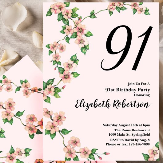 Floral 91st Birthday Invitation in Blush Pink Kaart