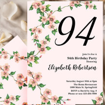 Floral 94th Birthday Invitation in Blush Pink