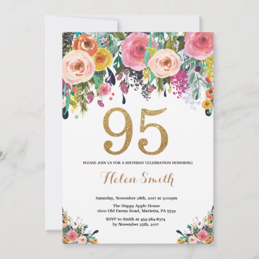 Floral 95th Birthday Invitation Gold Glitter Kaart (Voorkant)