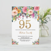 Floral 95th Birthday Invitation Gold Glitter Kaart (Staand voorkant)