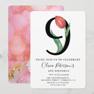 Floral 9e verjaardag met aangepaste fotouitnodigin kaart