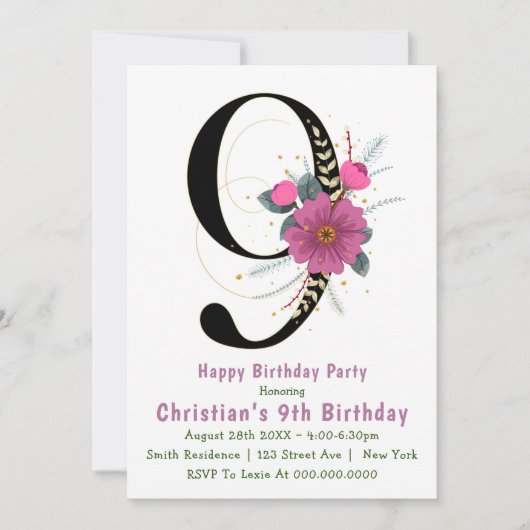 Floral 9th Typography Birthday Invitations (Voorkant)