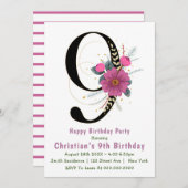 Floral 9th Typography Birthday Invitations (Voorkant / Achterkant)