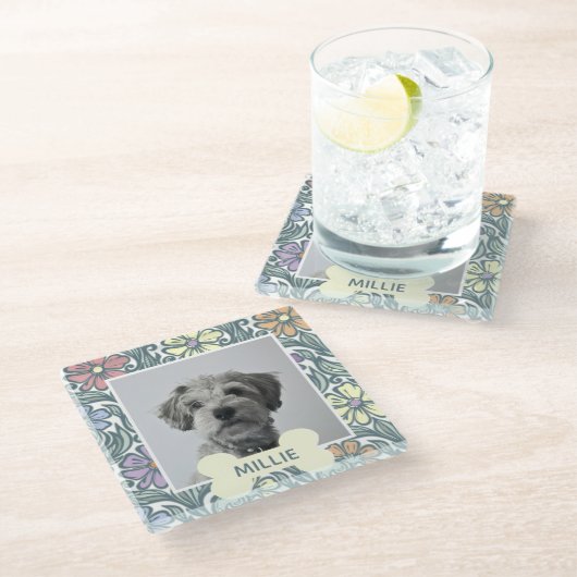 Floral Aangepaste Dog Foto Glazen Onderzetter (Schuin)