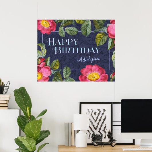 Floral Aangepaste Naam Birthday Gift Blue Poster (Thuiskantoor)