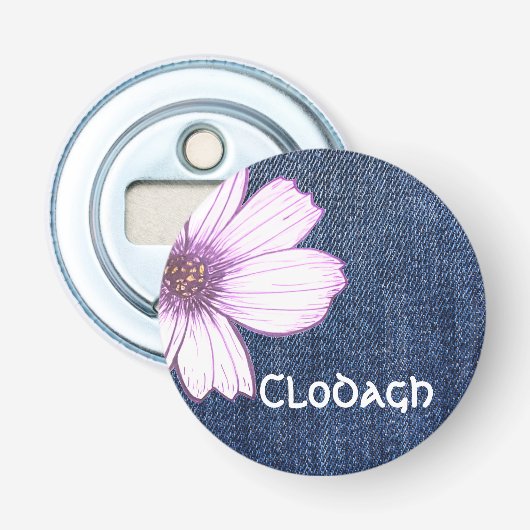 Floral Aangepaste Naam blauwe jeans textuur Button Flesopener (Voorkant)