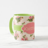  Floral Aangepaste Naam Roze Groen Mok (Voorkant links)