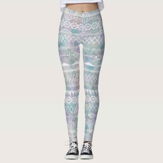 Floral Abstract Aztec Tribal Paars Blue Pattern Leggings (Voorkant)