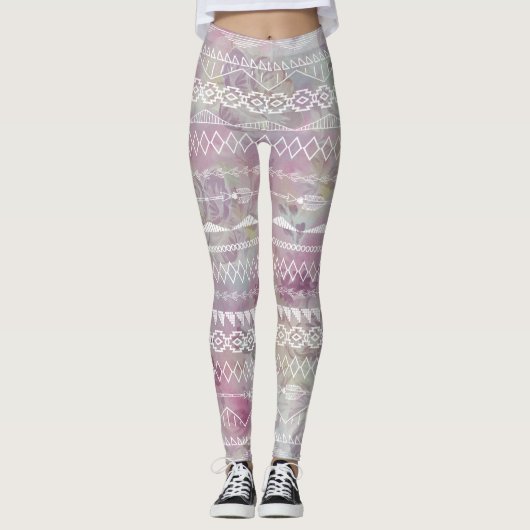 Floral Abstract Aztec Tribal Paars Roze Patroon Leggings (Voorkant)
