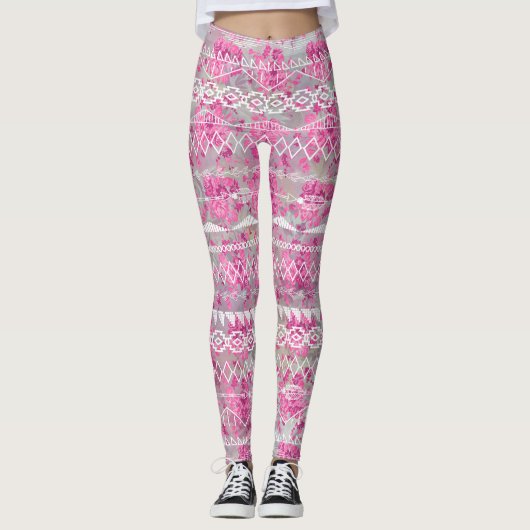 Floral Abstract Aztec Tribal Paars Roze Patroon Leggings (Voorkant)
