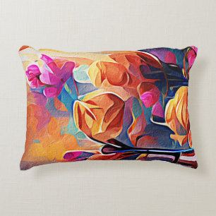 Floral Abstract Kunst Oranje Rode Blauwe Bloemen Accent Kussen