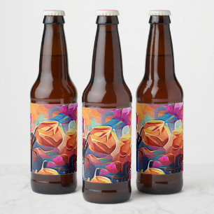 Floral Abstract Kunst Oranje Rode Blauwe Bloemen Bier Etiket