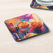 Floral Abstract Kunst Oranje Rode Blauwe Bloemen Bier Onderzetter (Linkerzijde)